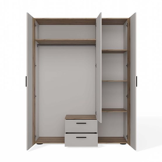 SCHRANK AVA 150 CM SPIEGEL 2 SCHUBLADEN GERILLTE FRONT EICHE EVOKE KASCHMIR BEIGE
