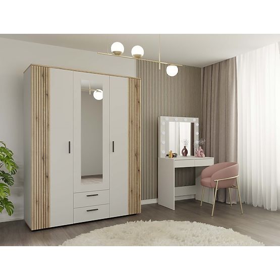 SCHRANK AVA 150 CM SPIEGEL 2 SCHUBLADEN GERILLTE FRONT EICHE EVOKE KASCHMIR BEIGE