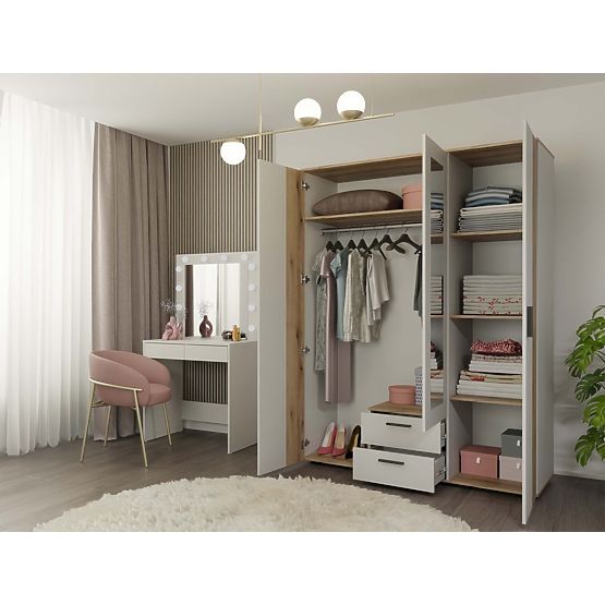SCHRANK AVA 150 CM SPIEGEL 2 SCHUBLADEN GERILLTE FRONT EICHE EVOKE KASCHMIR BEIGE