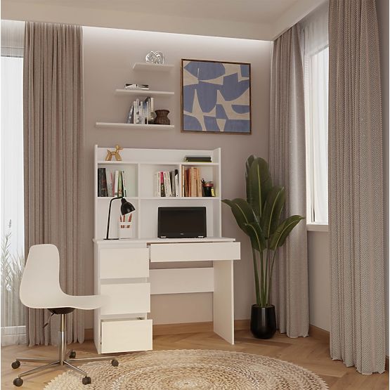 Schreibtisch MIJAS Links mit Aufsatz Mattweiß 4 Schubladen 4 Regale für Büro und Zimmer