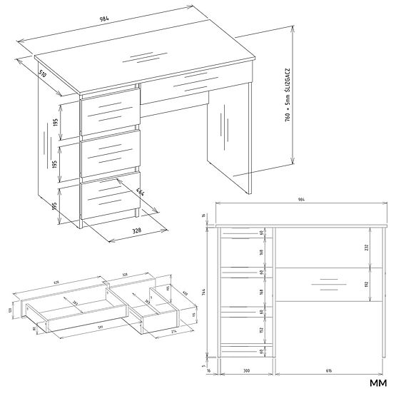 Schreibtisch MIJAS Links mit Aufsatz Mattweiß 4 Schubladen 4 Regale für Büro und Zimmer