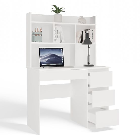 Schreibtisch MIJAS Rechts mit Aufsatz Mattweiß 4 Schubladen 4 Regale für Büro und Zimmer