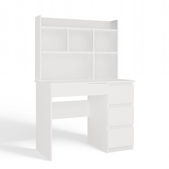 Schreibtisch MIJAS Rechts mit Aufsatz Mattweiß 4 Schubladen 4 Regale für Büro und Zimmer