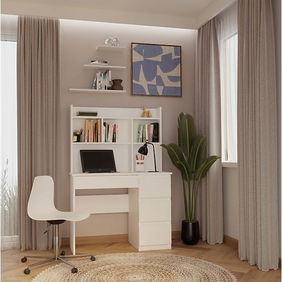 Schreibtisch MIJAS Rechts mit Aufsatz Mattweiß 4 Schubladen 4 Regale für Büro und Zimmer