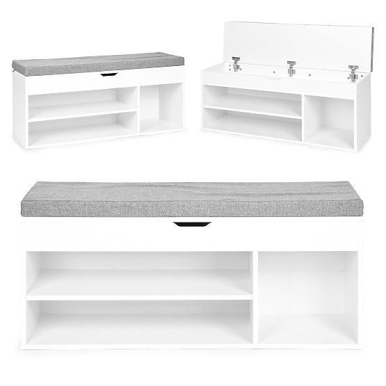 Schuhschrank mit grauem Kissen und aufklappbarem Sitz 3 Regale weiß