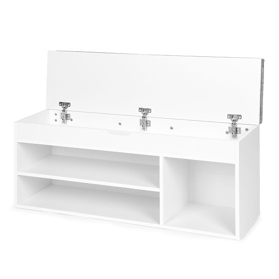 Schuhschrank mit grauem Kissen und aufklappbarem Sitz 3 Regale weiß