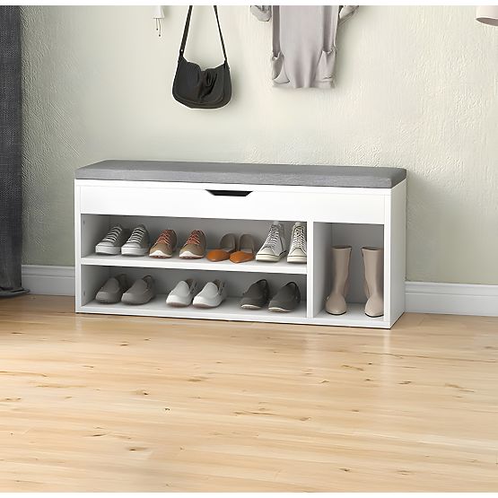 Schuhschrank mit grauem Kissen und aufklappbarem Sitz 3 Regale weiß