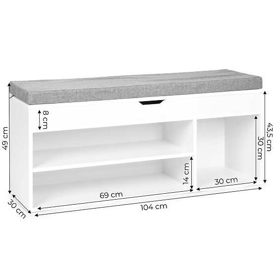 Schuhschrank mit grauem Kissen und aufklappbarem Sitz 3 Regale weiß