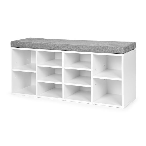Schuhschrank mit grauem Polster 10 Regale weiß