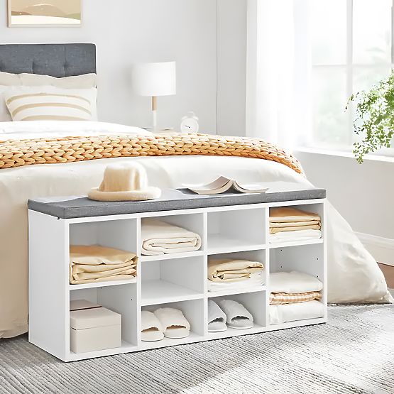 Schuhschrank mit grauem Polster 10 Regale weiß