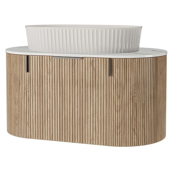 Set aus Schrank mit Platte und Waschbecken La simplicite 80 cm, gerillt, abgerundet, Glit White/Eich