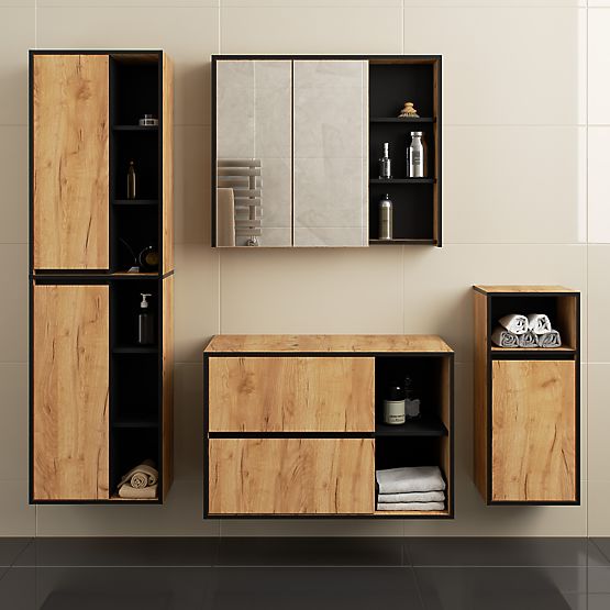 SET HÄNGENDER BADEZIMMERMÖBEL MIT ÖFFNUNGEN VAMI EICHE CRAFT / SCHWARZ