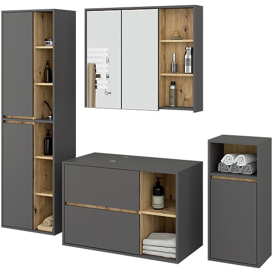 SET HÄNGENDER BADEZIMMERMÖBEL MIT ÖFFNUNGEN VAMI GRAPHIT GRAU / EICHE ARTISAN