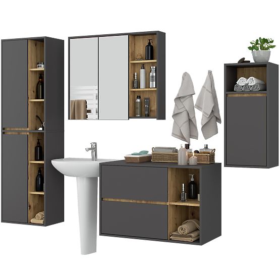 SET HÄNGENDER BADEZIMMERMÖBEL VAMI GRAPHIT GRAU / EICHE ARTISAN