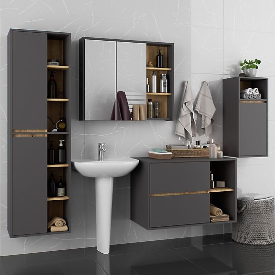 SET HÄNGENDER BADEZIMMERMÖBEL VAMI GRAPHIT GRAU / EICHE ARTISAN