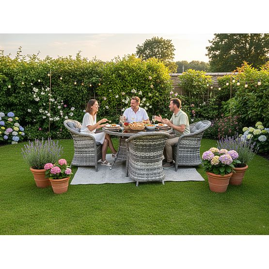 Technorattan Tischmöbel-Set (4 Sessel + runder Tisch) MODERNO hellgrau