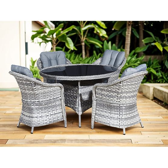 Technorattan Tischmöbel-Set (4 Sessel + runder Tisch) MODERNO hellgrau