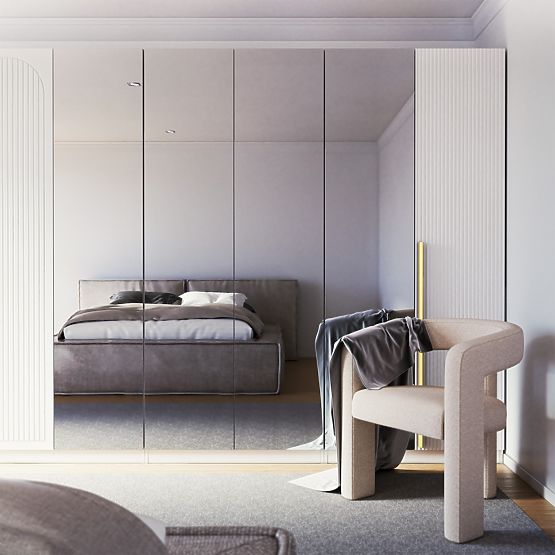 Vierflügeliger Kleiderschrank Neroli, Spiegel/einfache Rillen, weiß