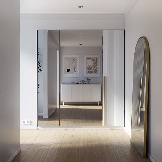 Vierflügeliger Kleiderschrank Neroli, Spiegel/einfache Rillen, weiß