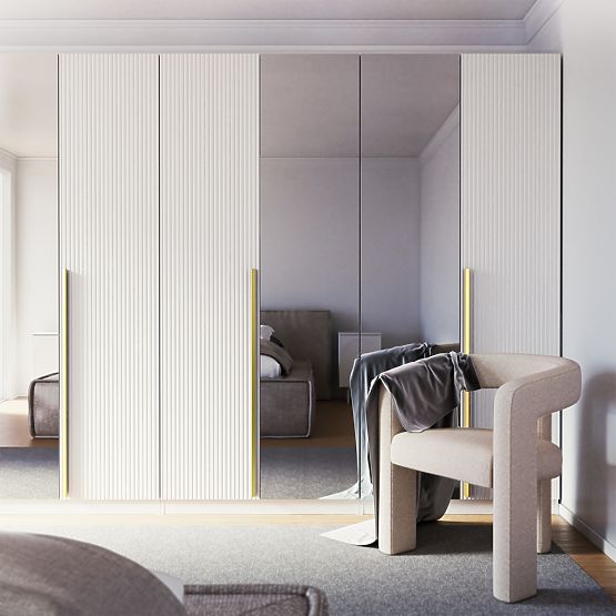 Vierflügeltürenschrank Neroli, einfache Rillen/Spiegel, weiß