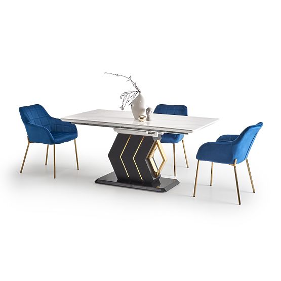 VINCENZO ausziehbarer Tisch Platte: weißer Marmor, Bein schwarz/gold (3p=1Stk)