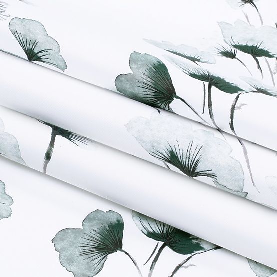 Vorhang SERENITY weiße Farbe mit pflanzlichem Druckmotiv im klassischen Stil silberne Metallösen