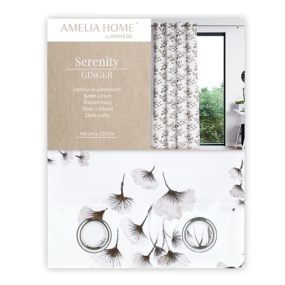 Vorhang SERENITY weiße Farbe mit pflanzlichem Druckmotiv im klassischen Stil silberne Metallösen