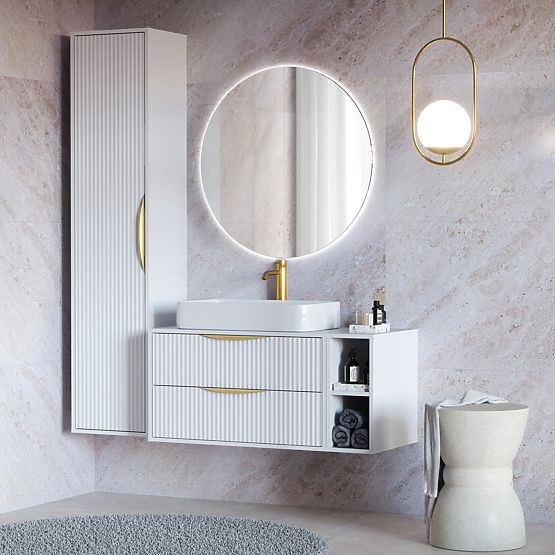 Waschtischunterschrank Avila 2.0, 80 cm, gerillt, goldene Griffe, weiß