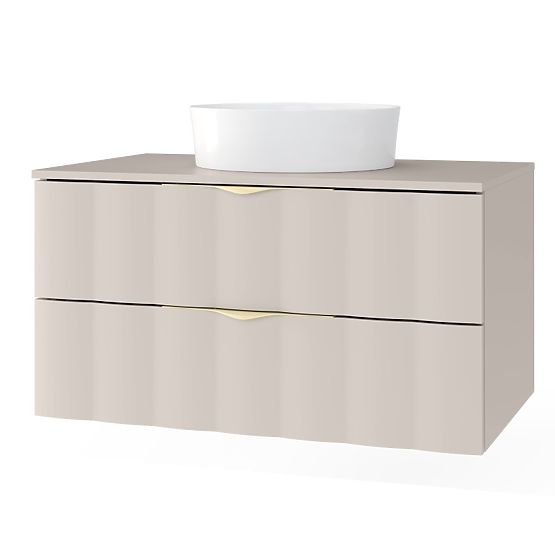 Waschtischunterschrank Omi 80 cm, gewelltes Frontpanel, goldene Griffe, kaschmirbeige