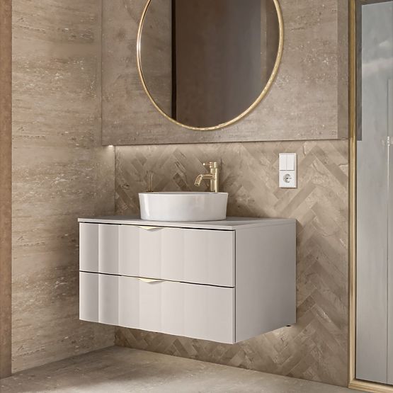 Waschtischunterschrank Omi 80 cm, gewelltes Frontpanel, goldene Griffe, kaschmirbeige