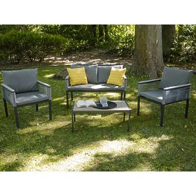 Aluminium-Gartenmöbel-Set (2 x Sessel, Sofa + Tisch) CORTO runder grauer Technorattan