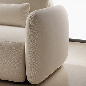 Ausziehbares Ecksofa Mossa mit Bettkasten, linksseitig, hellbeige, abgerundete Formen