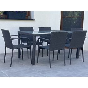 Essgruppe aus Technorattan (Tisch 150×90 cm + 6 × Stühle) AVVICENTE, schwarz