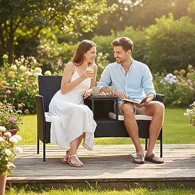 Gartenbank aus Technorattan Sofa CORDOBA schwarz mit beigen Kissen