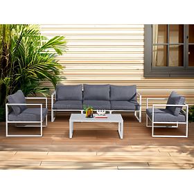 Gartenmöbelset (großes 3-Sitzer-Sofa, 2 x Sessel + Tisch) MOSTRARE weißes Aluminium, graue Kissen