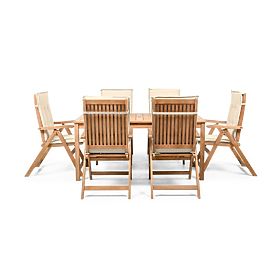 Gartenset Familis Tisch 160 cm + 6 Stühle mit verstellbaren Rückenlehnen und cremefarbenen Kissen, H