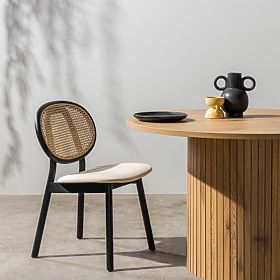 Holzstuhl Monet mit Wiener Geflecht, Rattan, Samt, schwarz/beige