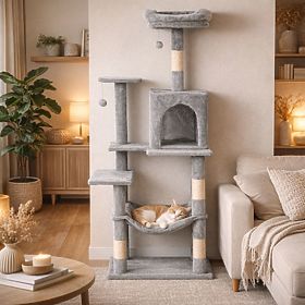 Katzenkratzbaum, Bett, Säule, Kratzbaum, Häuschen 146 cm grau Petsi