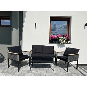 Kleine Balkonmöbel-Set (2 x Sessel, Sofa + Tisch) CORTO schwarzes Aluminium, graues Technorattan