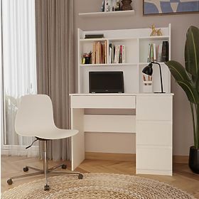 Schreibtisch MIJAS Rechts mit Aufsatz Mattweiß 4 Schubladen 4 Regale für Büro und Zimmer