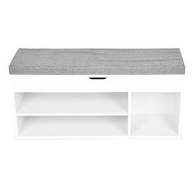 Schuhschrank mit grauem Kissen und aufklappbarem Sitz 3 Regale weiß, MODERNHOME