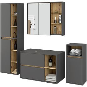 SET HÄNGENDER BADEZIMMERMÖBEL MIT ÖFFNUNGEN VAMI GRAPHIT GRAU / EICHE ARTISAN